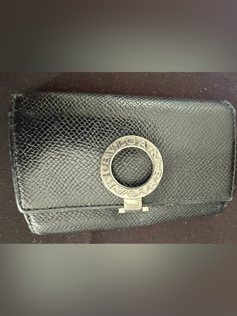 Bvlgari Black Textured Leather Key Wallet with Signature Circular Logo